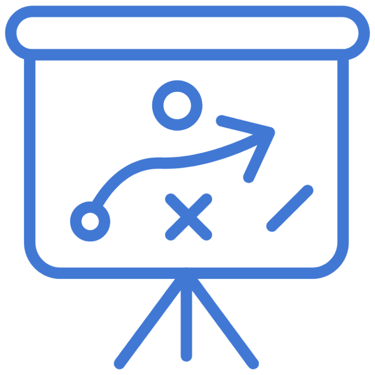Product Management Consulting Icon of a tactical playboard with arrows and strategy marks, representing hands-on product delivery and roadmap execution.