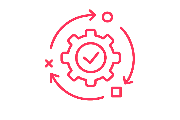 Digital Transformation Icon of a process-integrated cog with directional arrows and a check mark, representing organisational change and product-led transformation