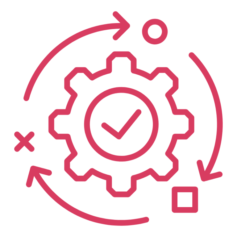 Digital Transformation Icon of a process-integrated cog with directional arrows and a check mark, representing organisational change and product-led transformation